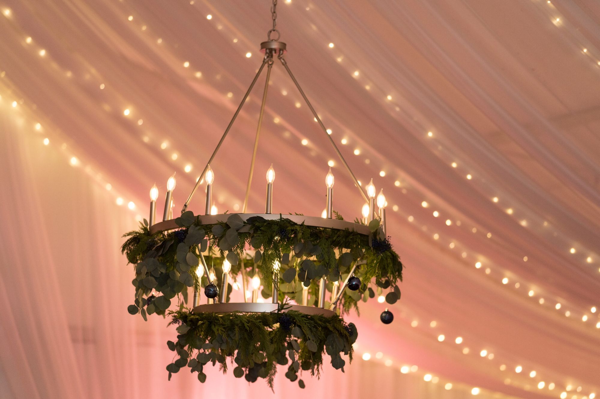 Holiday party at The Silos courtyard with string lights