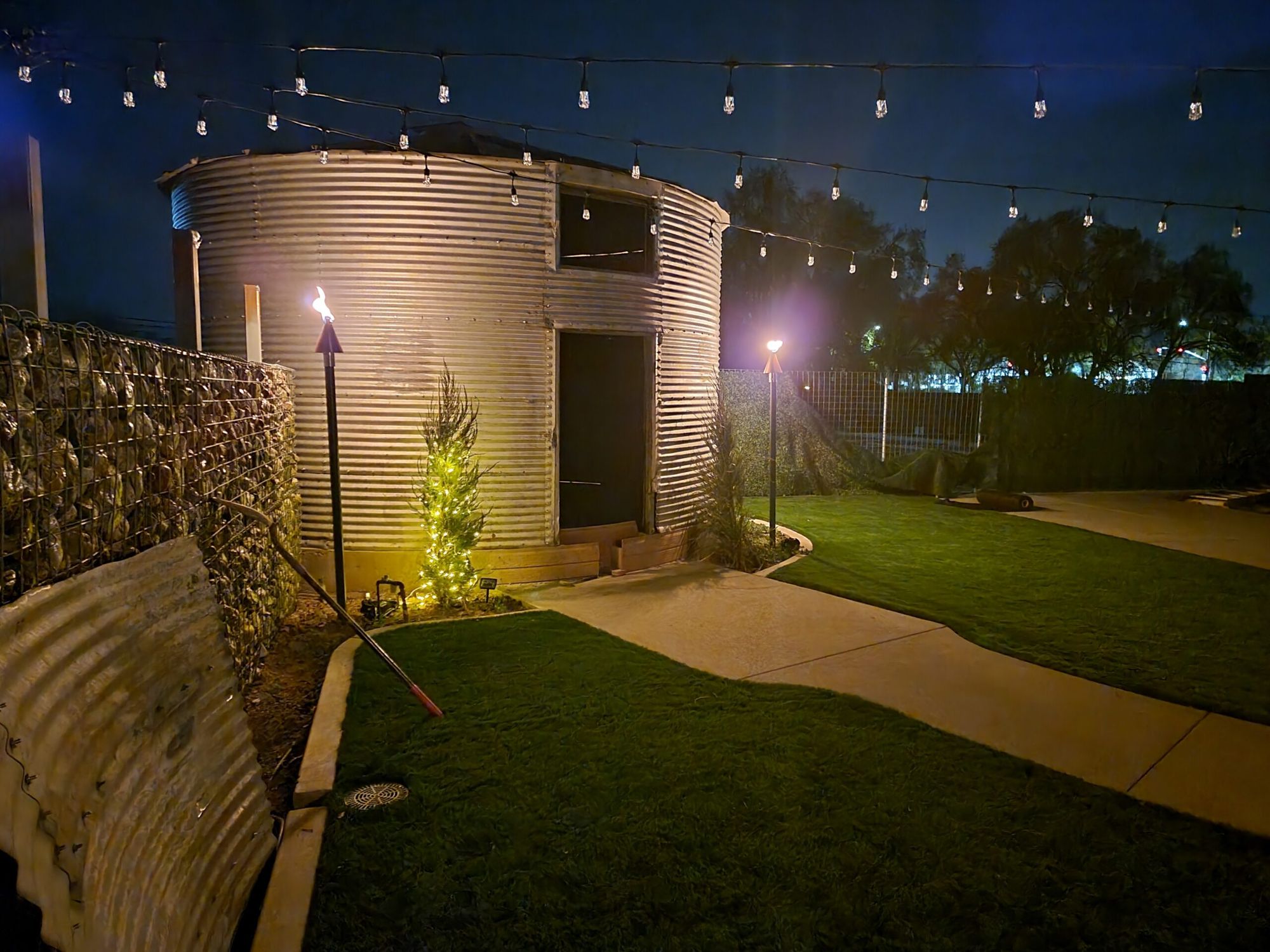 Courtyard at night at The Silos